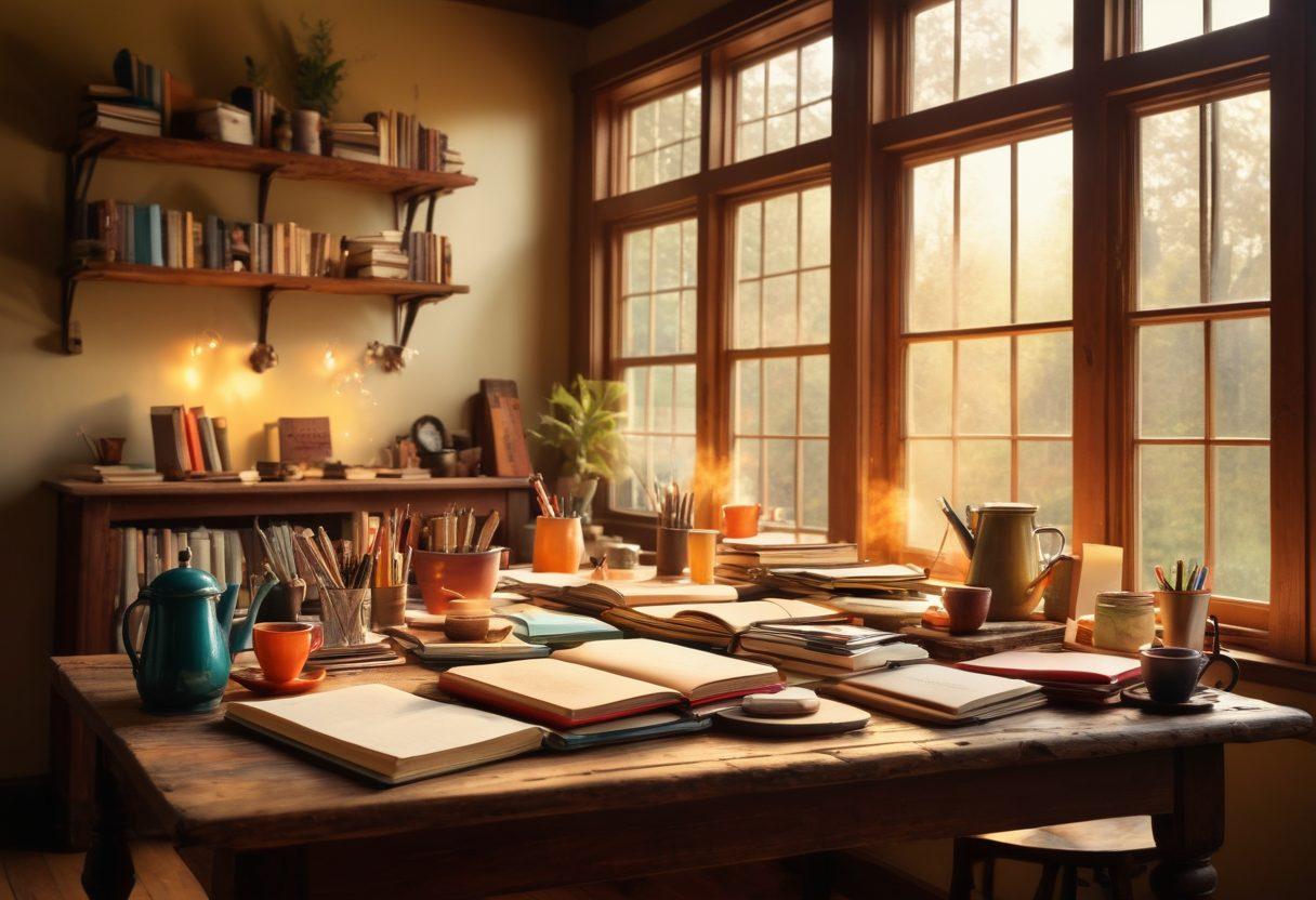 An inviting scene of a diverse group of writers gathered around a wooden table filled with notebooks, laptops, and steaming cups of coffee, sharing ideas and collaborating. The walls are adorned with inspirational quotes and a large bookshelf filled with classic literature. Sunlight spills in through large windows, creating a warm atmosphere. Include elements that symbolize creativity, such as floating ink quills and whimsical thought bubbles. super-realistic. vibrant colors. cozy ambiance.