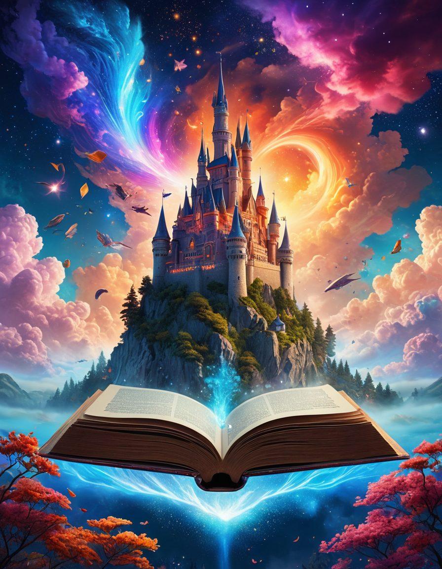 A whimsical scene depicting an open book with colorful, fantastical characters flying out, representing various genres of fanfiction. Background elements include a vibrant starry sky and swirling clouds of ink and ideas. Incorporate fantasy landscapes like castles and alien worlds blending together, symbolizing the limitless scope of imagination. The scene should feel dynamic and inspiring, with glowing elements to represent creativity blooming. super-realistic. vibrant colors. 3D.