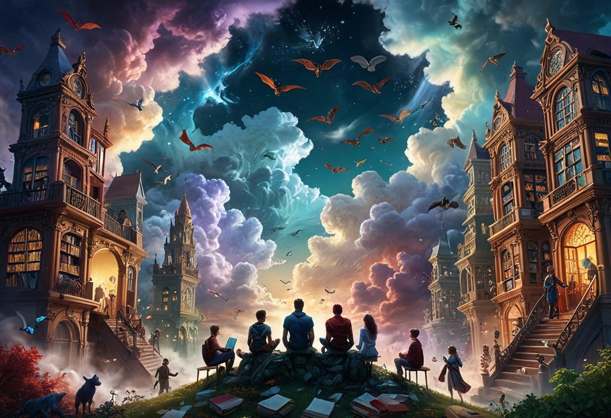 A mesmerizing scene of a diverse group of readers immersed in books, surrounded by swirling clouds of various fictional genres like fantasy, sci-fi, and romance. In the foreground, a vibrant character concept sketches of superheroes and mythical beings come to life, with intricate details highlighting their emotional depth. The background features a fantastical landscape that blends different genre elements seamlessly. whimsical art style. vibrant colors. 3D.